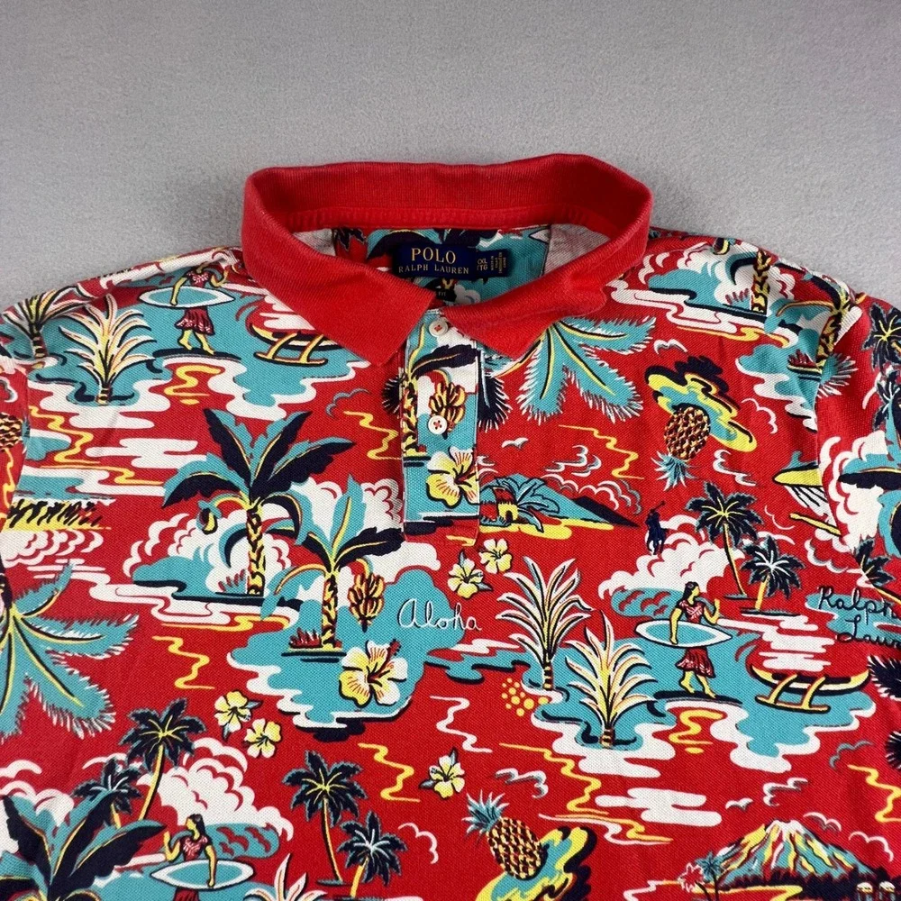 Polo Ralph Lauren Polo Shirt Mens XXL Red Aloha Tropical Hawaiian‎ Classic Fit